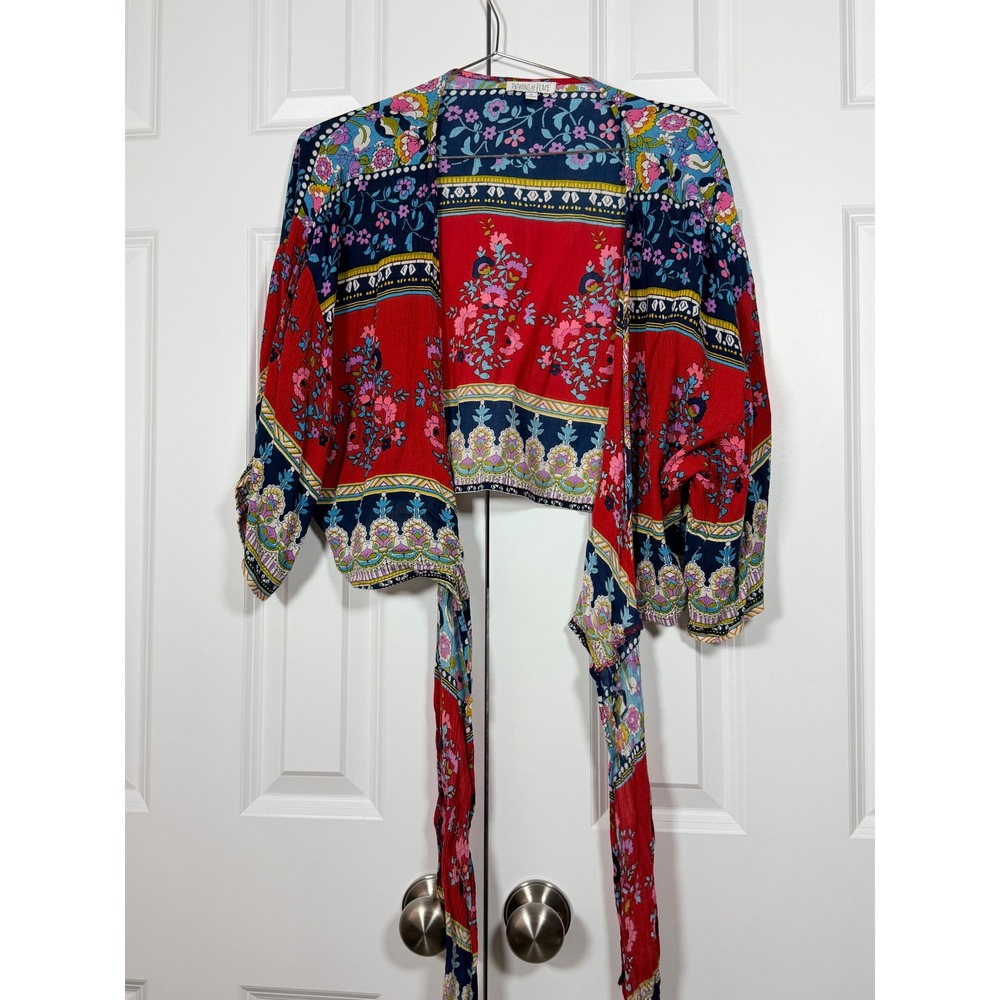 Patrons of Peace Red Floral Tie Front Crop Top Boho Mixed Print Blouse Medium - Picture 3 of 6